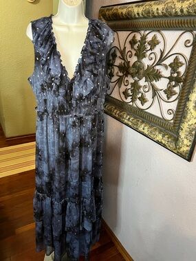 INC International Concepts Navy Ruffled V-Neck Maxi Dress w/ Metallic Sz XL